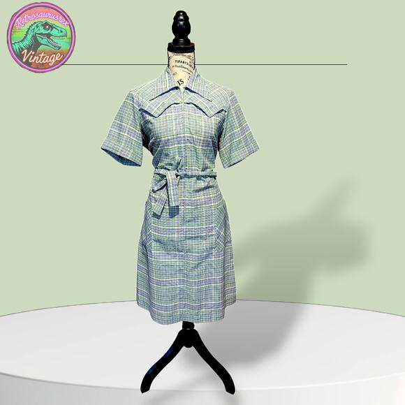 Vintage 1960 A-Line Rockabilly Green Blue Plaid Diner House Dress - Picture 8 of 8